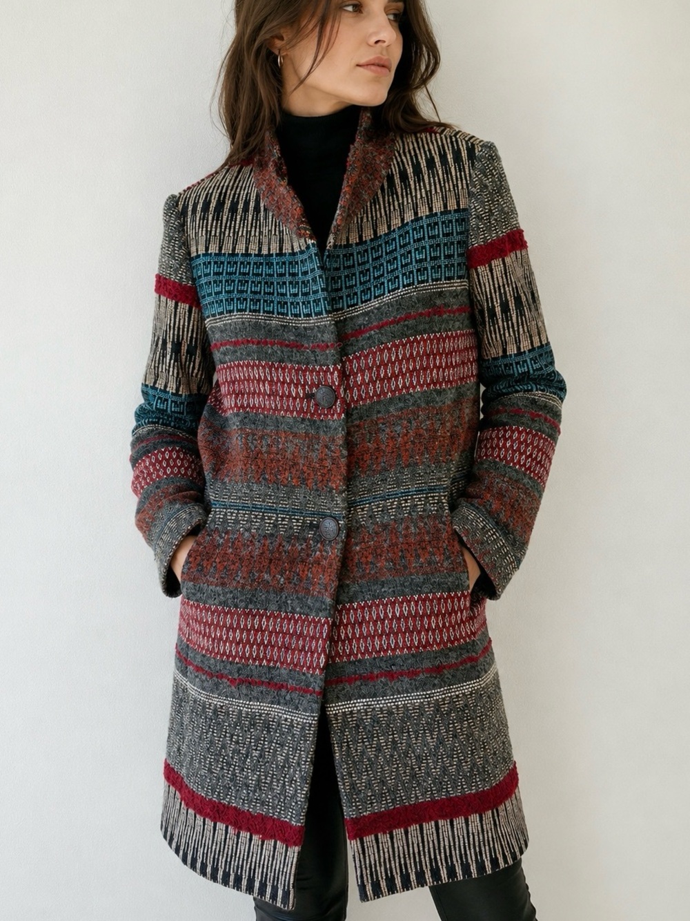 RIANI Designer Wool Blend Patterned Blazer Coat Multicolor Size 6
